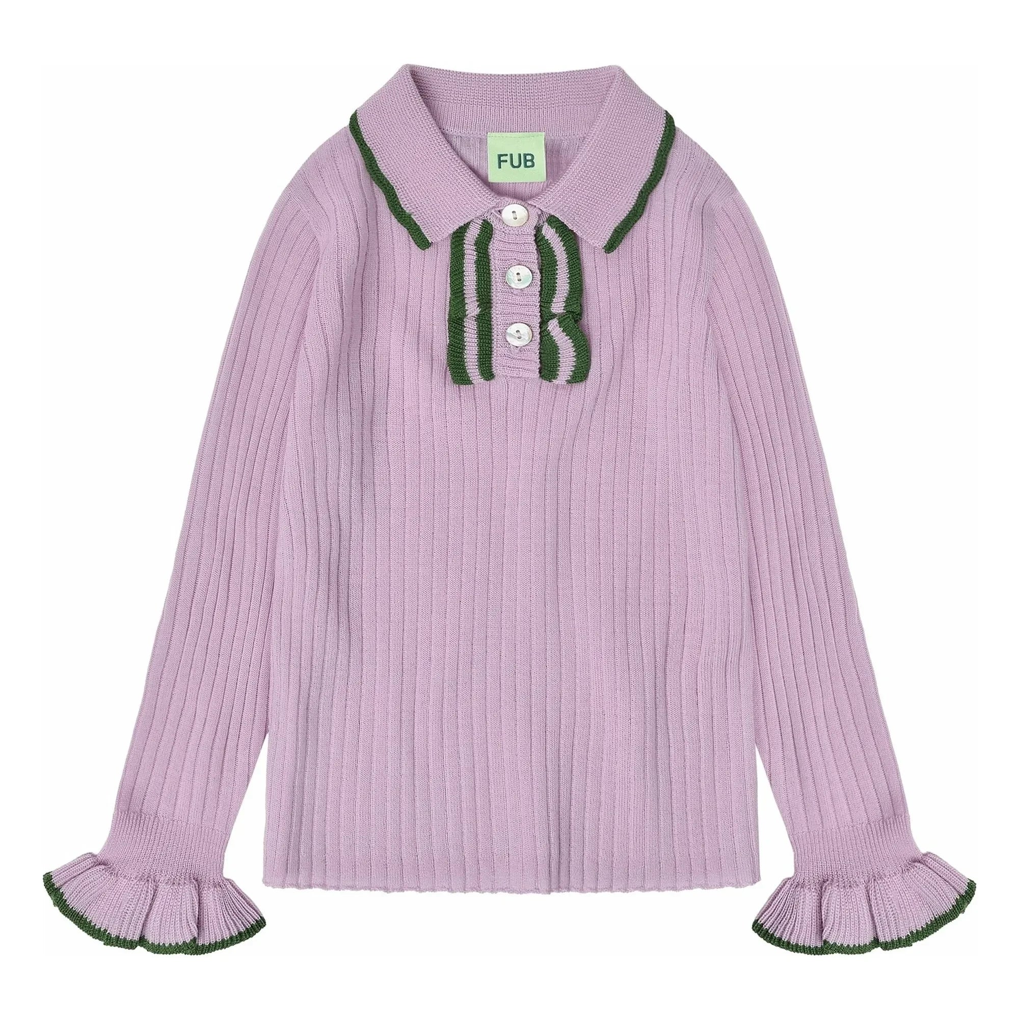 FUB - Poloshirt, dünner Strick aus Merinowolle mit Rüschen | Mauve