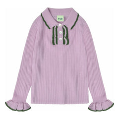 FUB - Poloshirt, dünner Strick aus Merinowolle mit Rüschen | Mauve