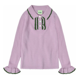 FUB - Poloshirt, dünner Strick aus Merinowolle mit Rüschen | Mauve