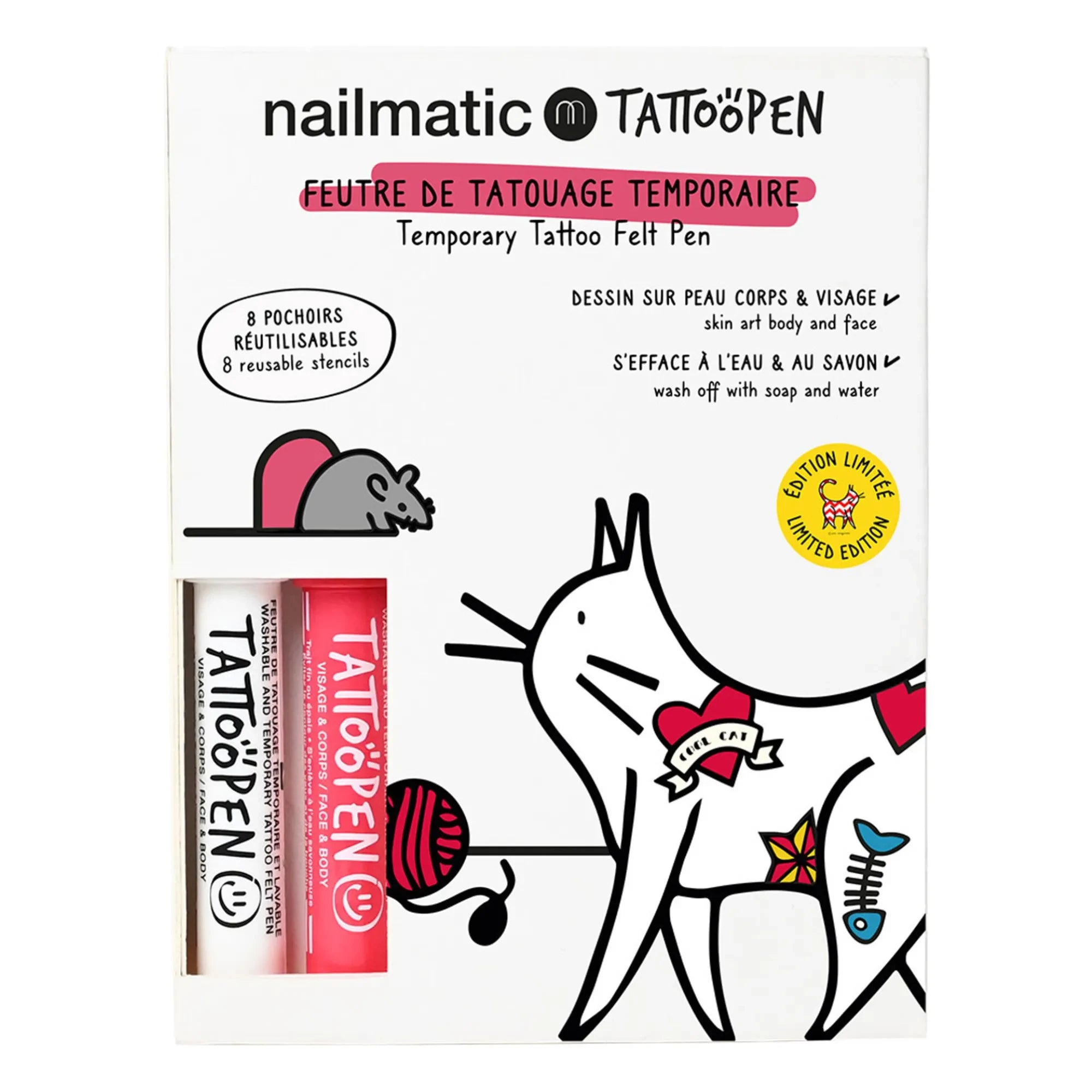 Nailmatic Kids - Cat x AMI IMAGINAIRE Tattoopen ve Yeniden Kullanılabilir Şablon İkili Set