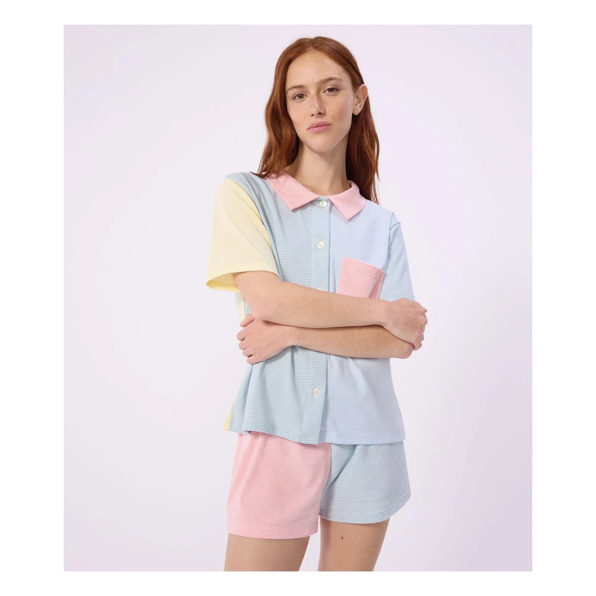Petit Bateau - Yeşil Renk Bloklu Çizgili Kısa Pijama