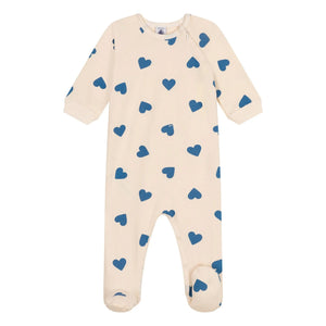 Petit Bateau - Hooded Zip Fleece Heart Pattern Pajamas | Beige