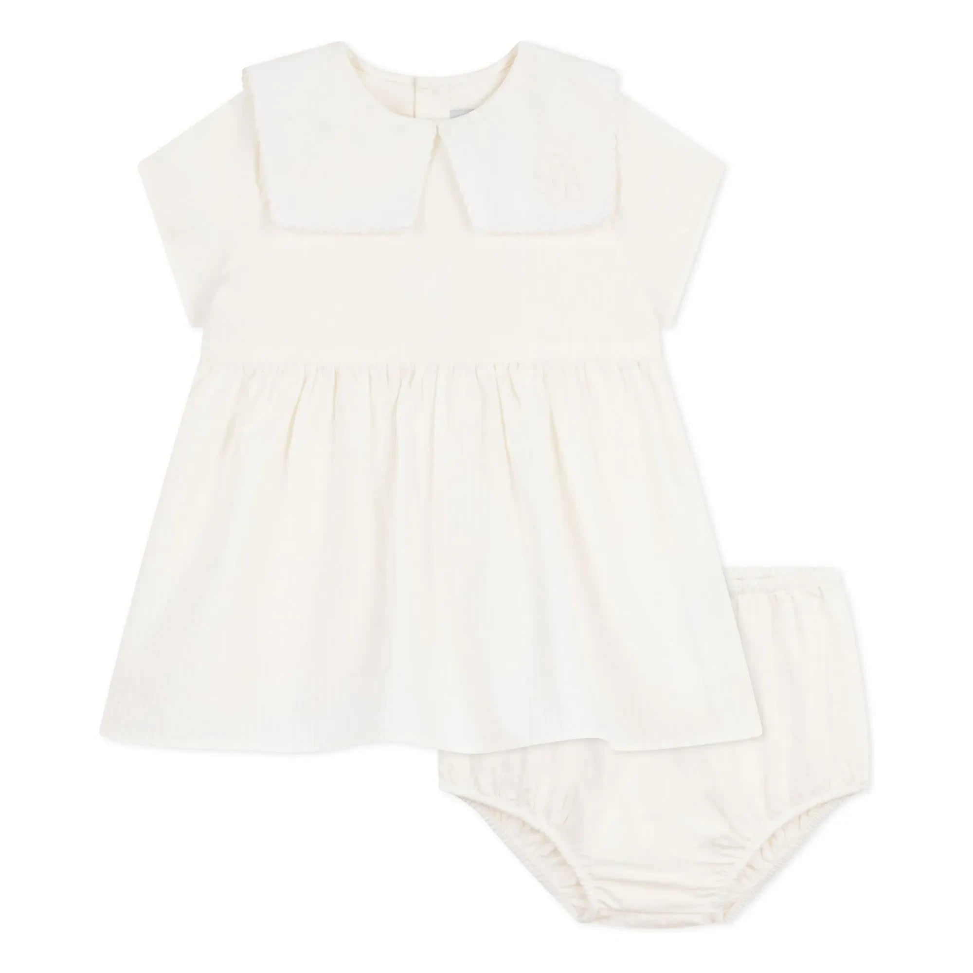 Petit Bateau - Keten ve organik pamuktan denizci yakalı elbise ve bloomer seti | Beyaz