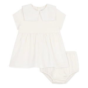 Petit Bateau - Keten ve organik pamuktan denizci yakalı elbise ve bloomer seti | Beyaz
