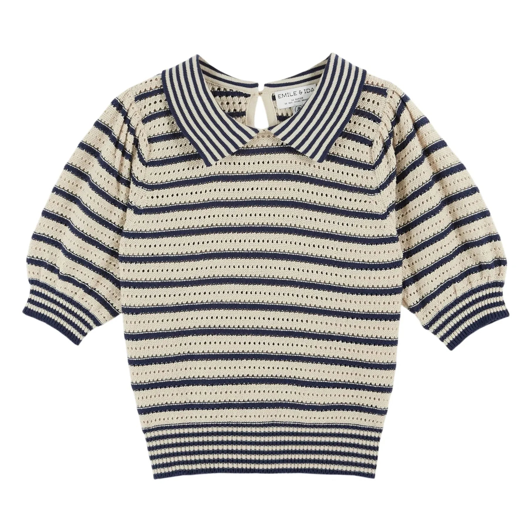 Emile et Ida - Organic cotton openwork striped sweater | Navy Blue