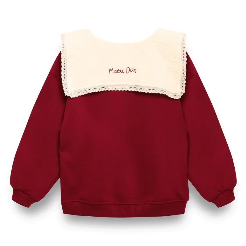 birinit - Organik pamuklu işlemeli drapeli yaka sweatshirt | Bordo
