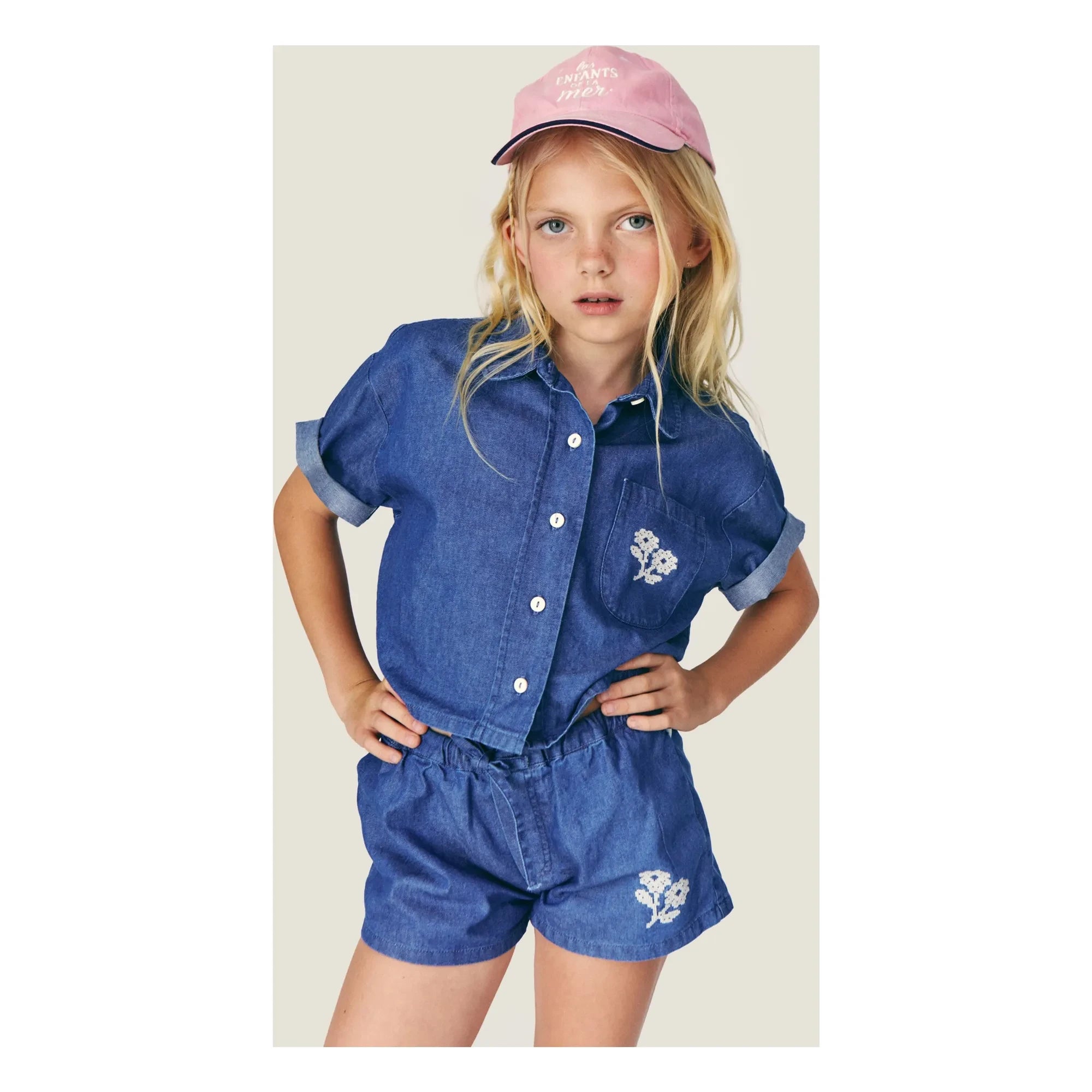 Mipounet - Denim gömlek Amélie Fleurs Coton BCI | Mavi