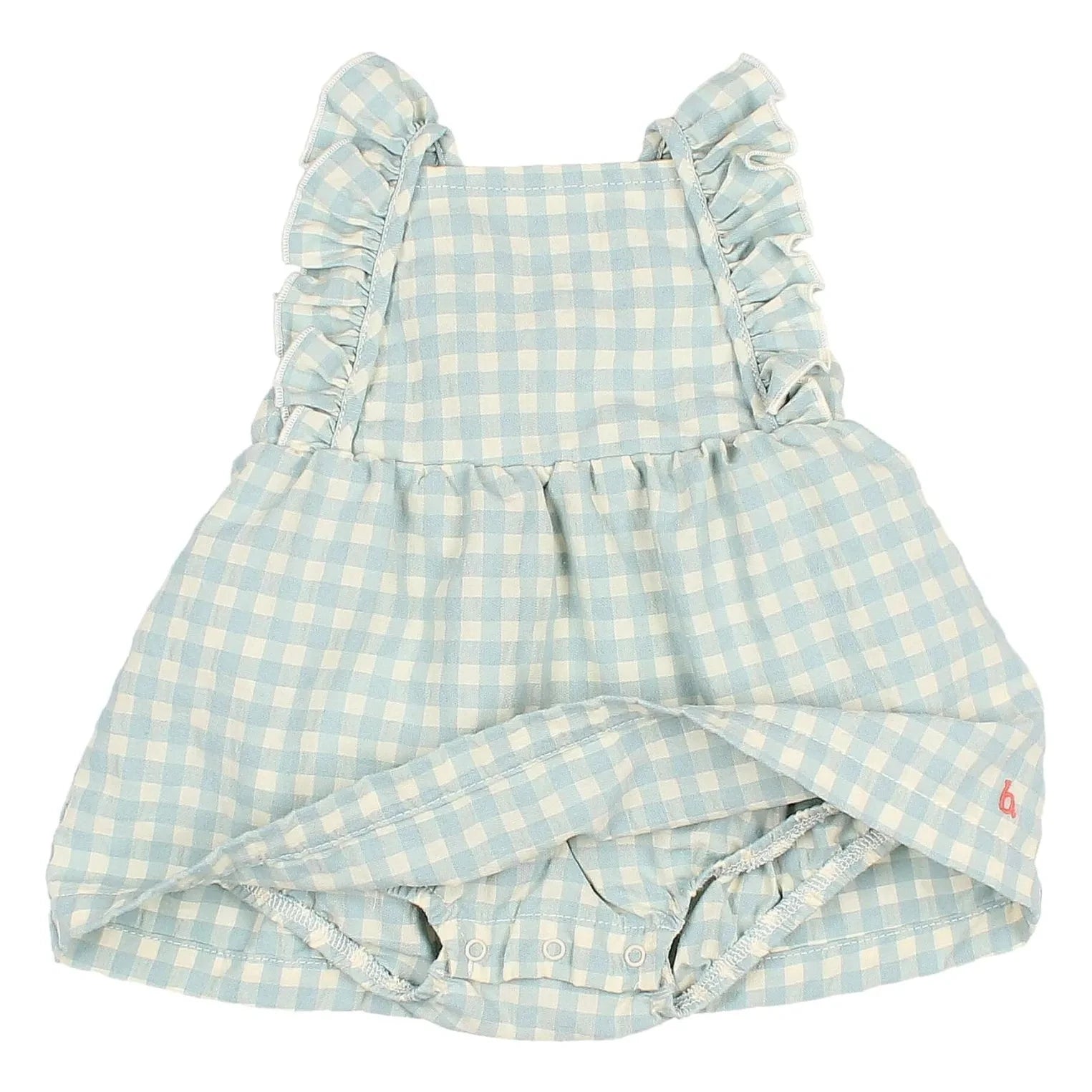 Búho - Gingham Fırfırlı Seersucker Organik Pamuk Romper Elbise | Aqua