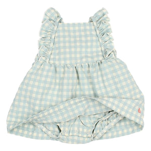 Búho - Gingham Ruffled Seersucker Organic Cotton Romper Dress | Aqua