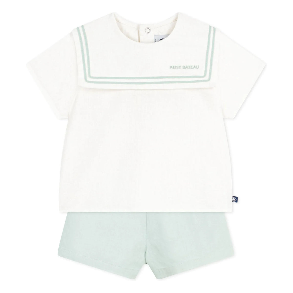 Petit Bateau - Dunkelblaues Kragen-Oberteil und Leinen-Shorts Set | Salbeigrün