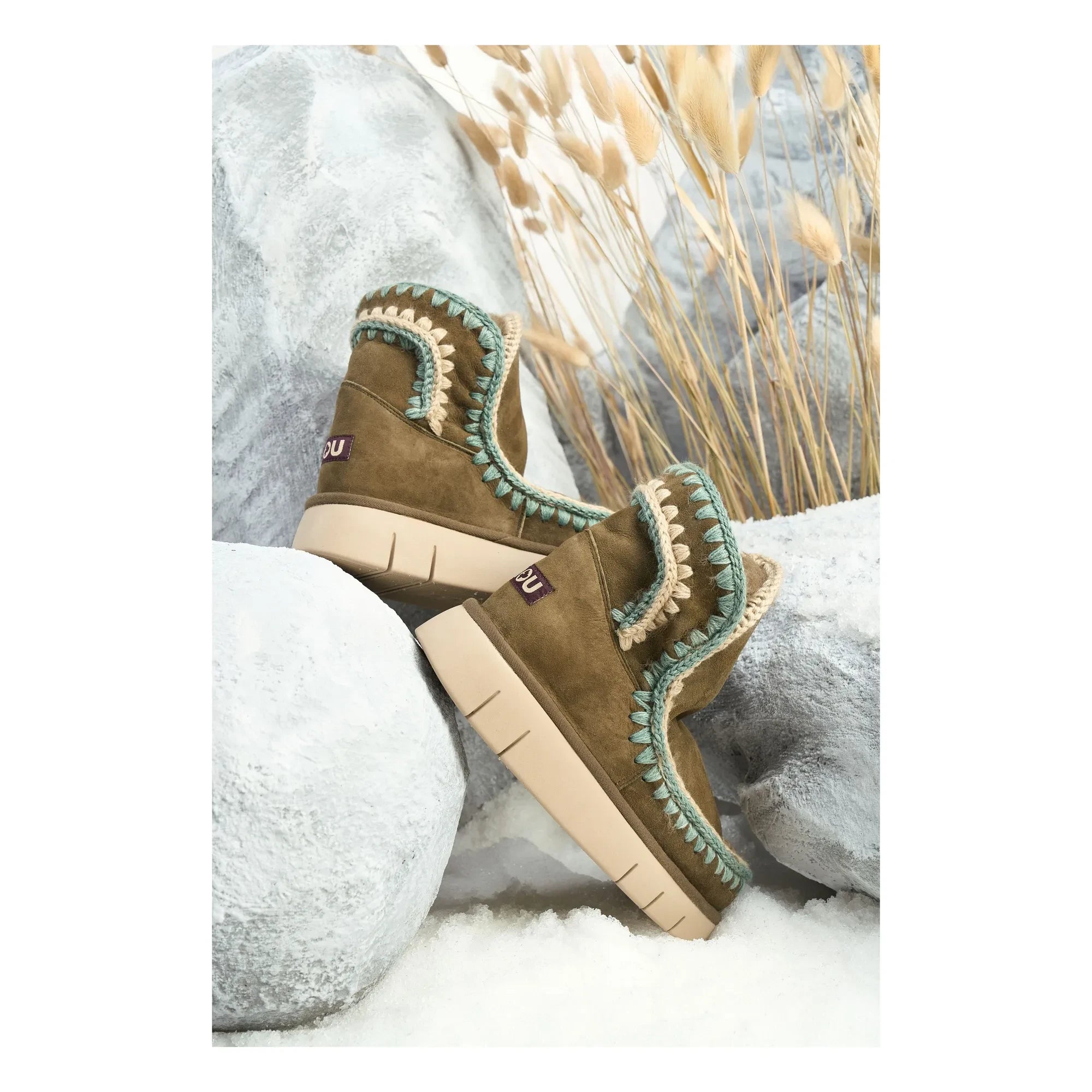 Mou - Bounce Suede Stitch Detail Boots | Khaki