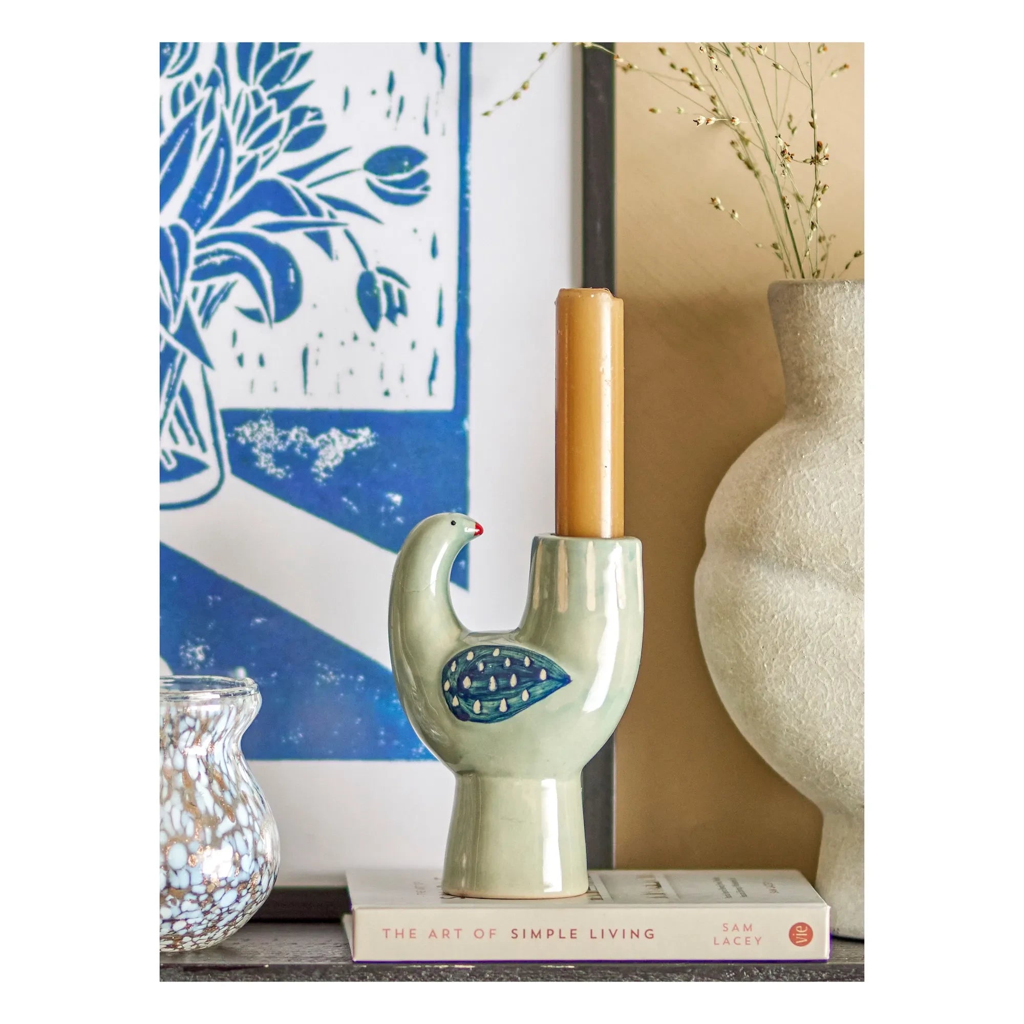 Bloomingville - Stone Ceramic Bird Candle Holder Trudy | Light Blue