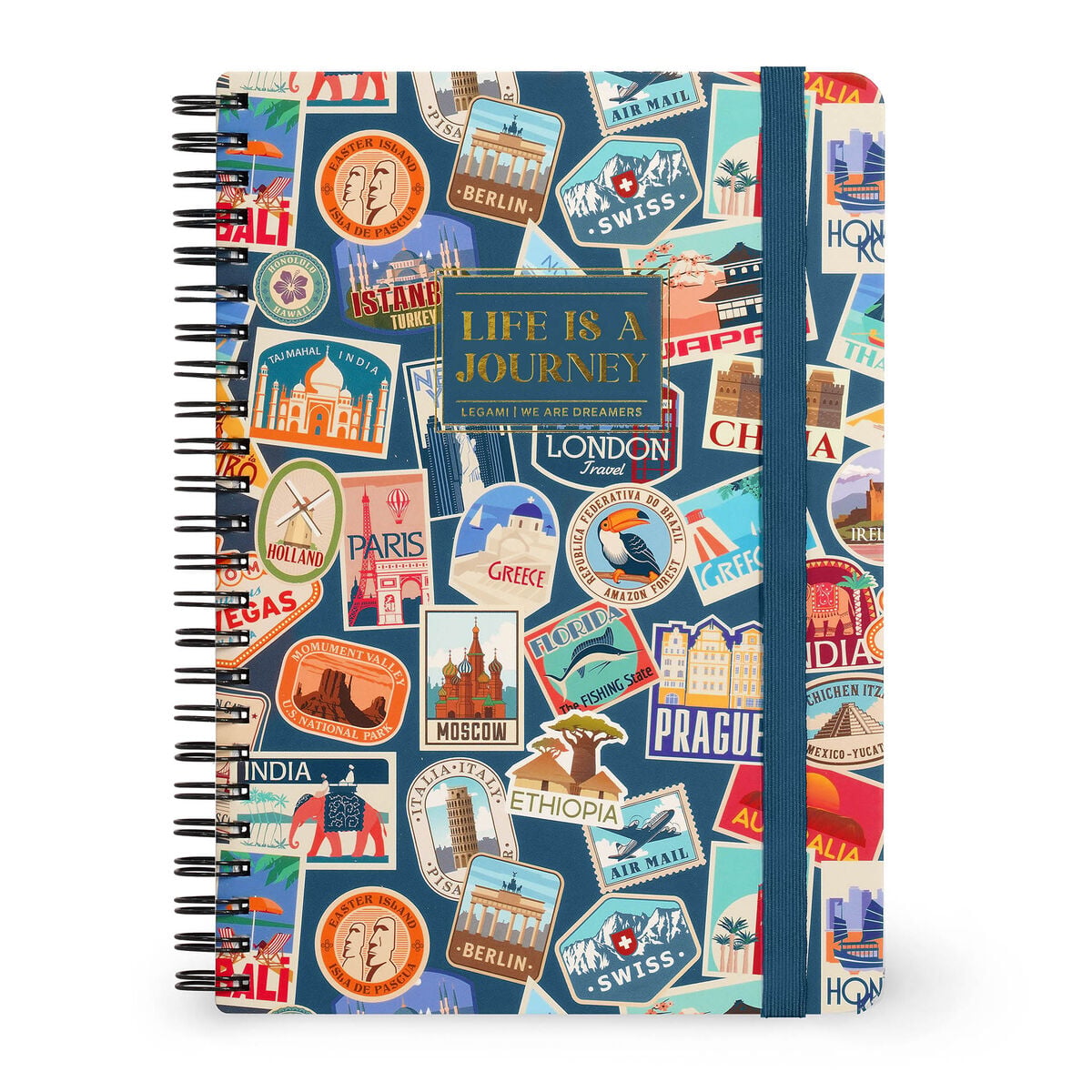Legami - A5 Lined Defter ile Illustrated Hard Kılıf - Seyahat Stickers - Spiral-Bound
