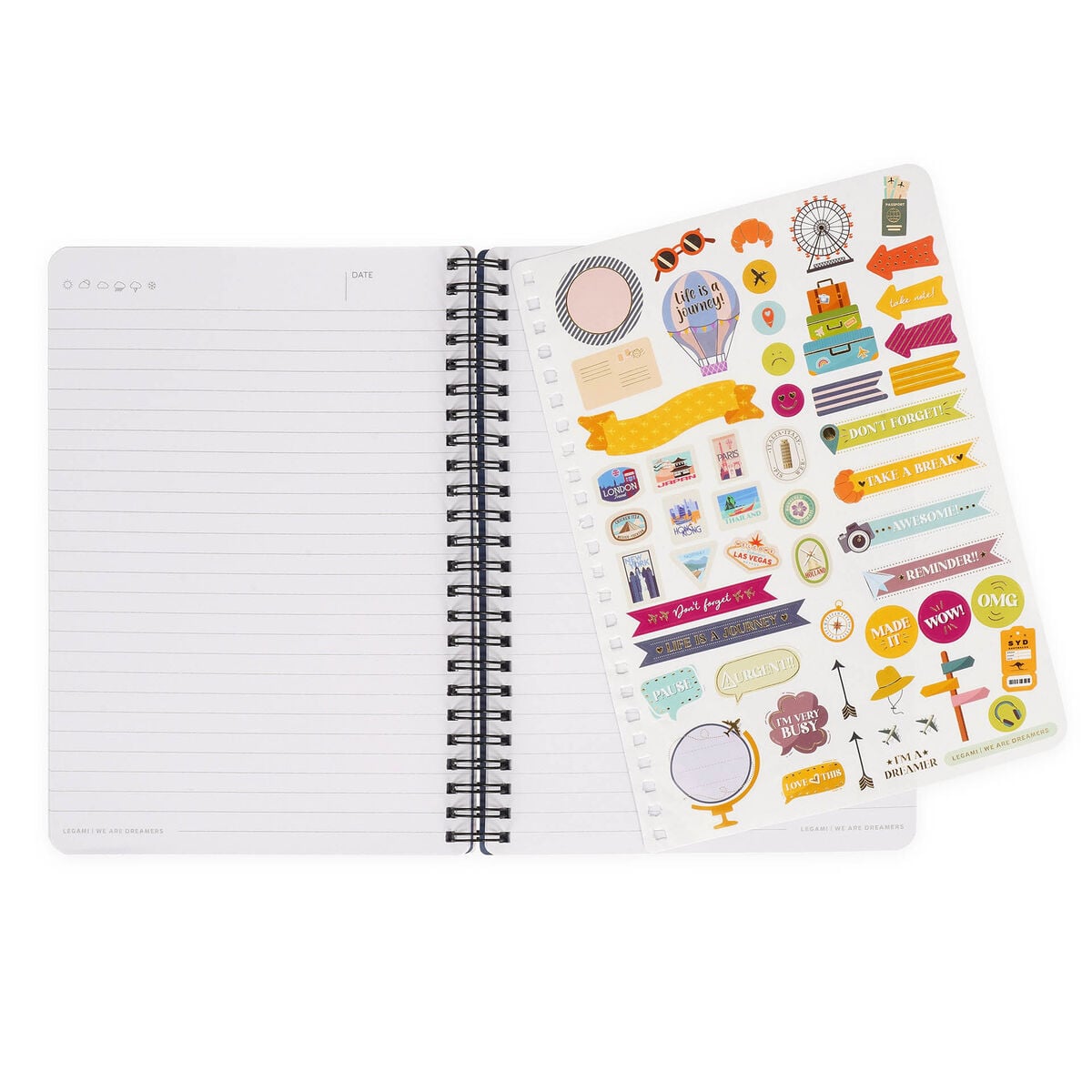 Legami - A5 Lined Defter ile Illustrated Hard Kılıf - Seyahat Stickers - Spiral-Bound