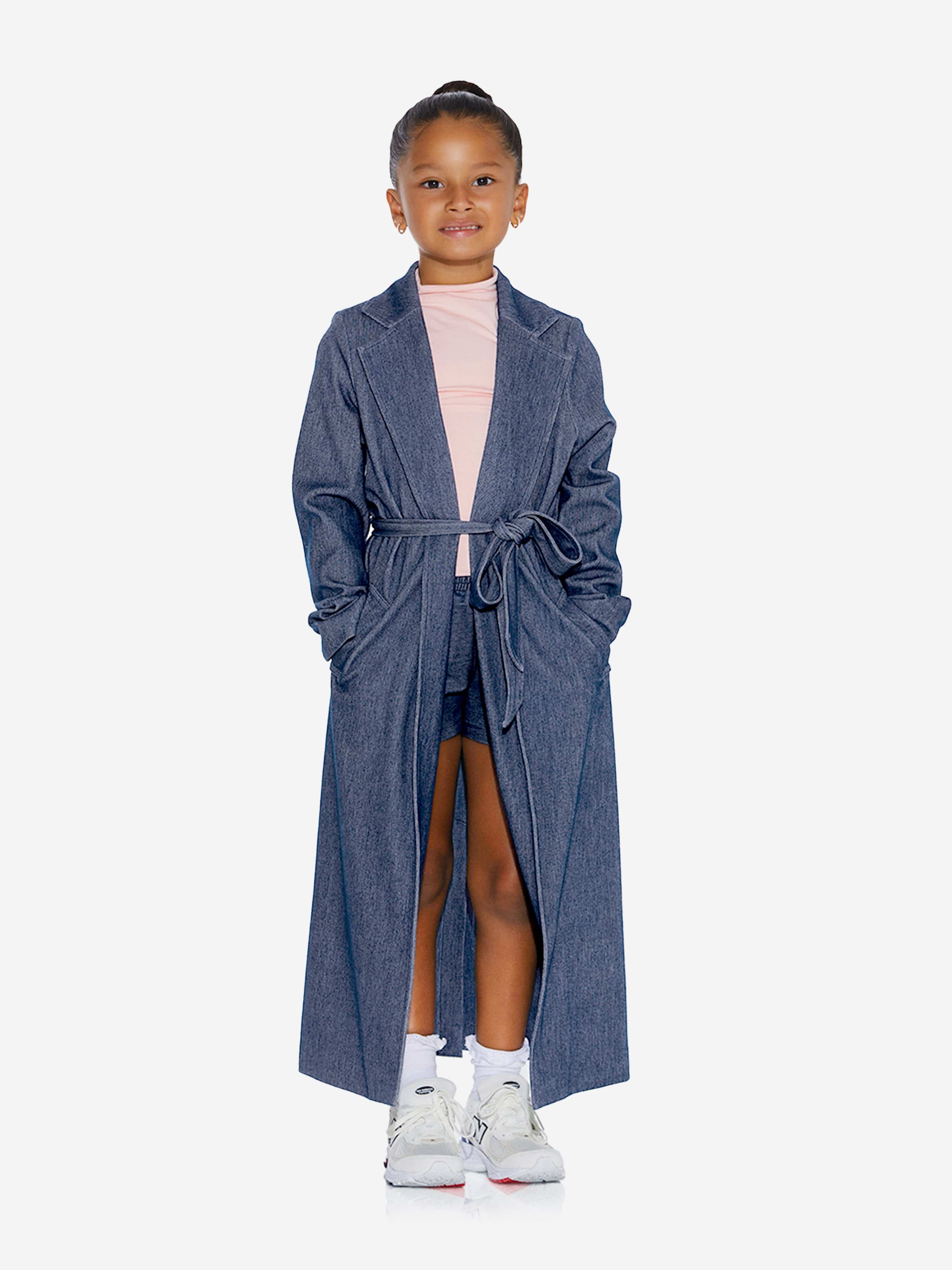 AY by AYLA Girls Denim Look Belted Trench Coat in Blue