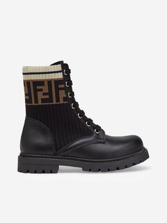 Fendi Kids Leather FF Logo Biker Boots in Black