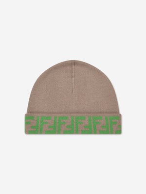 Fendi Kids FF Logo Reversible Beanie in Beige
