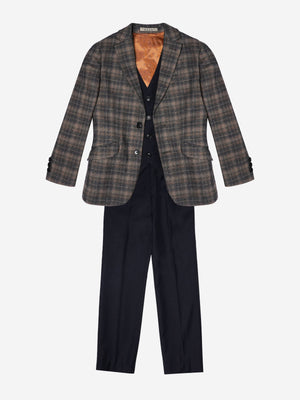Romano Boys Check 3 Piece Suit in Brown