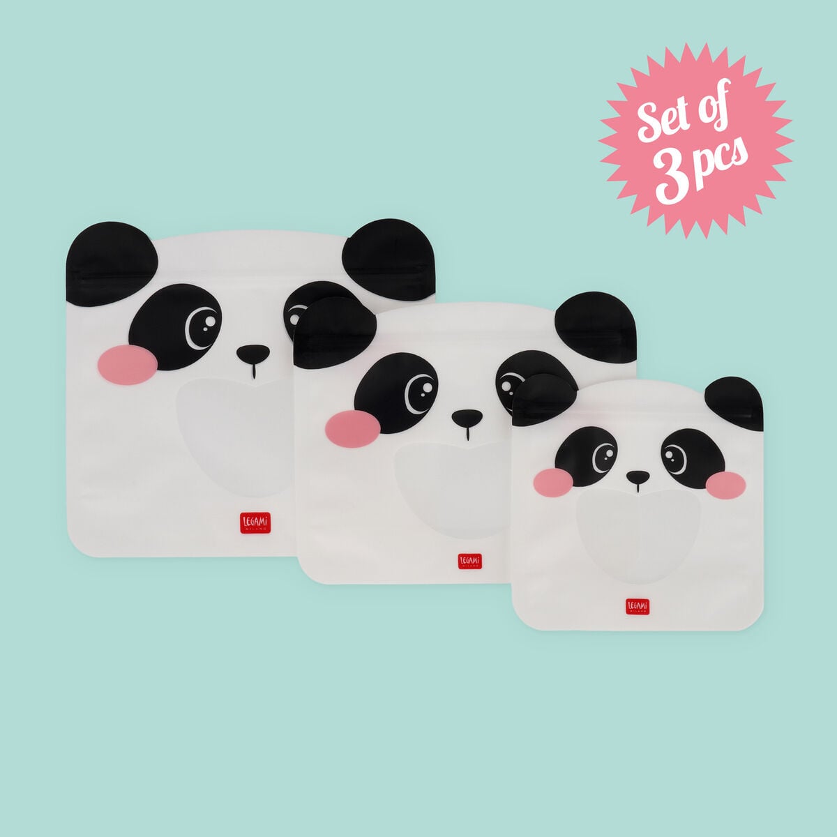 Legami - 3'lü Yeniden Kullanılabilir Atıştırmalık Torbası Seti - Panda - Atıştırmalık Torbaları