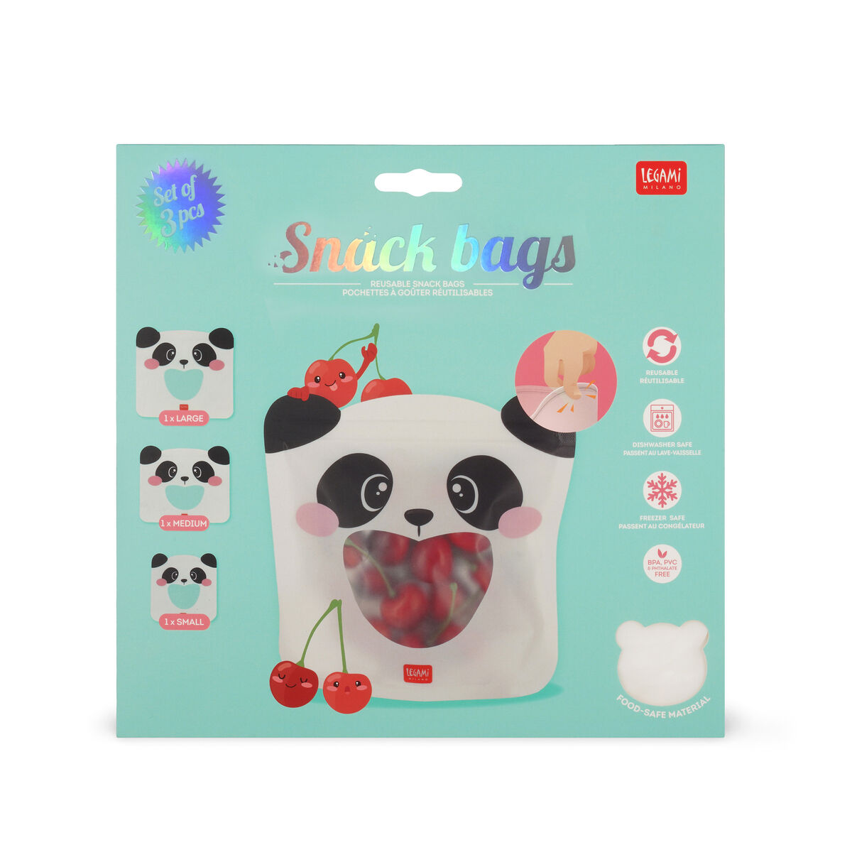 Legami - 3'lü Yeniden Kullanılabilir Atıştırmalık Torbası Seti - Panda - Atıştırmalık Torbaları