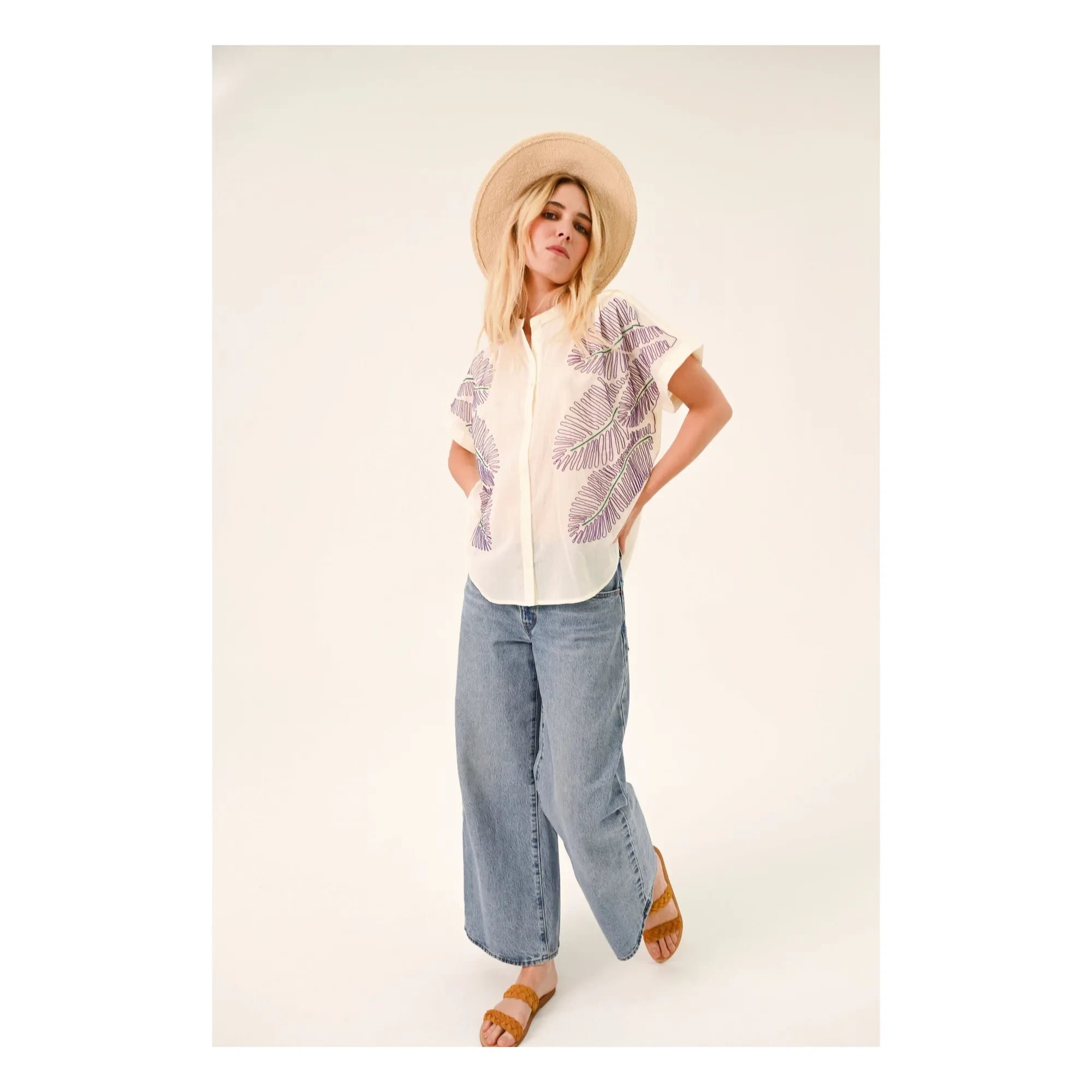 Sacrécoeur - Mayan Taro embroidered blouse Cotton voile | White