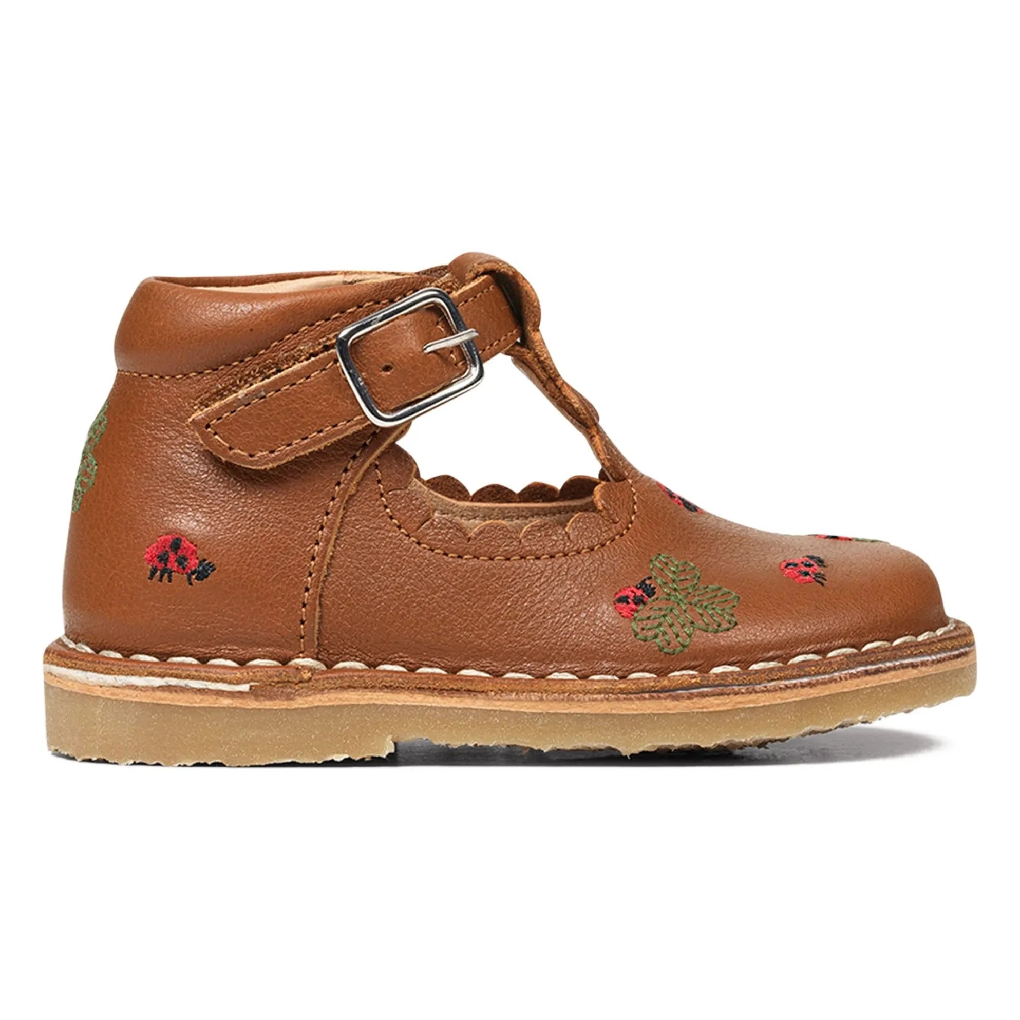 Petit Nord - T-Bar Erste Schritte Schuhe mit Marienkäferstickerei - Uniqua Collection | Kamel