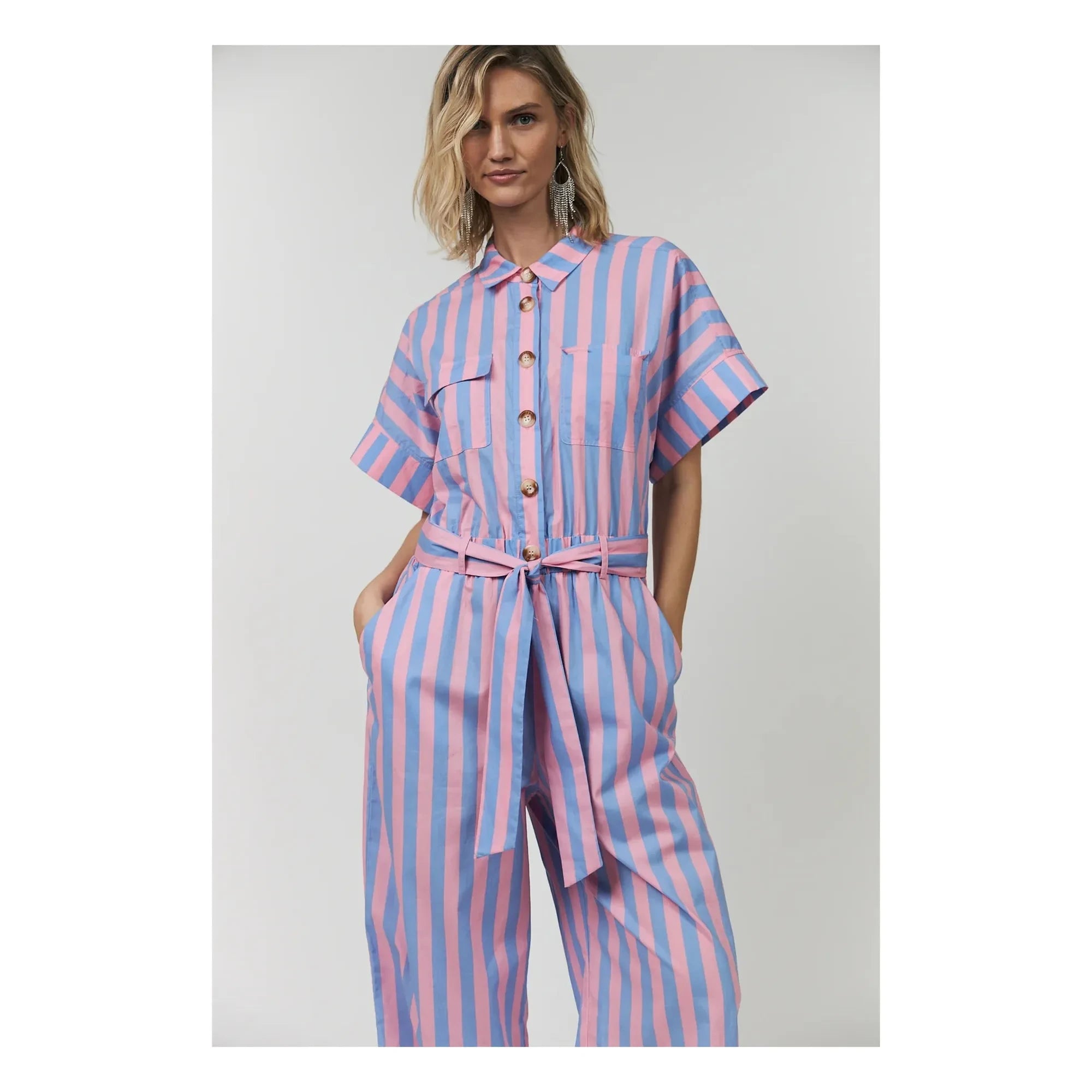 Lollys Laundry - Mathilde gestreifter Baumwoll-Jumpsuit | Rosa