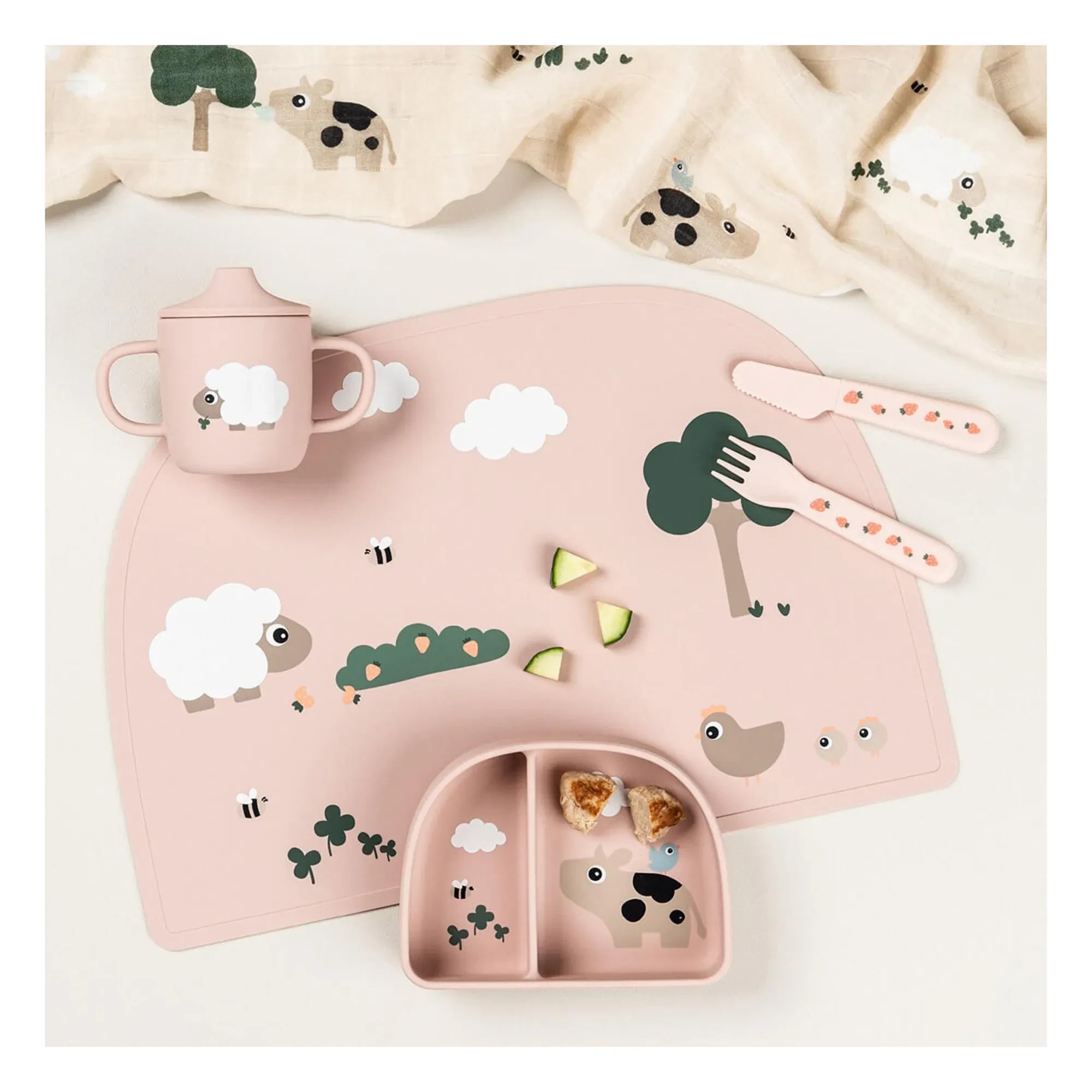 Done by deer - Geteilter Saugnapf-Teller Tiny Farm | Rosa