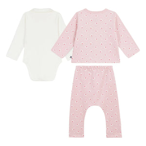 Petit Bateau - Organik pamuklu çiçek desenli hırka, pantolon ve body seti | Pembe