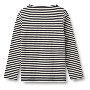 Wheat - Striped Ribbed Organic Cotton T-Shirt | Navy Blue