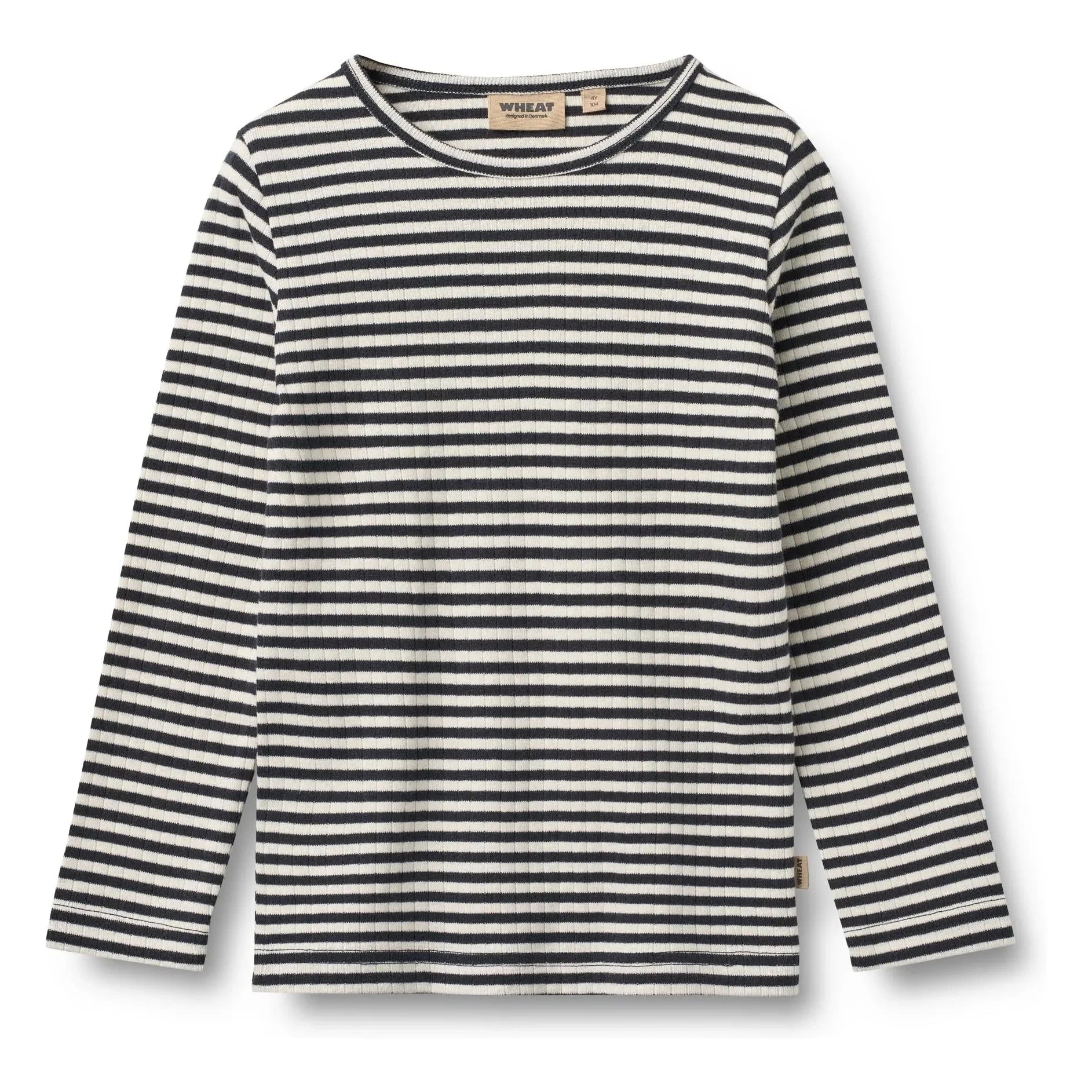 Wheat - Striped Ribbed Organic Cotton T-Shirt | Navy Blue