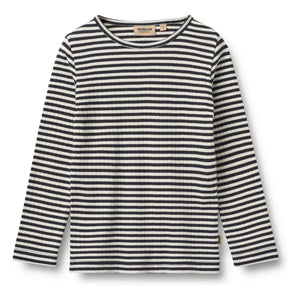 Wheat - Striped Ribbed Organic Cotton T-Shirt | Navy Blue