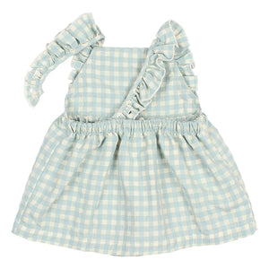 Búho - Gingham Ruffled Seersucker Organic Cotton Romper Dress | Aqua
