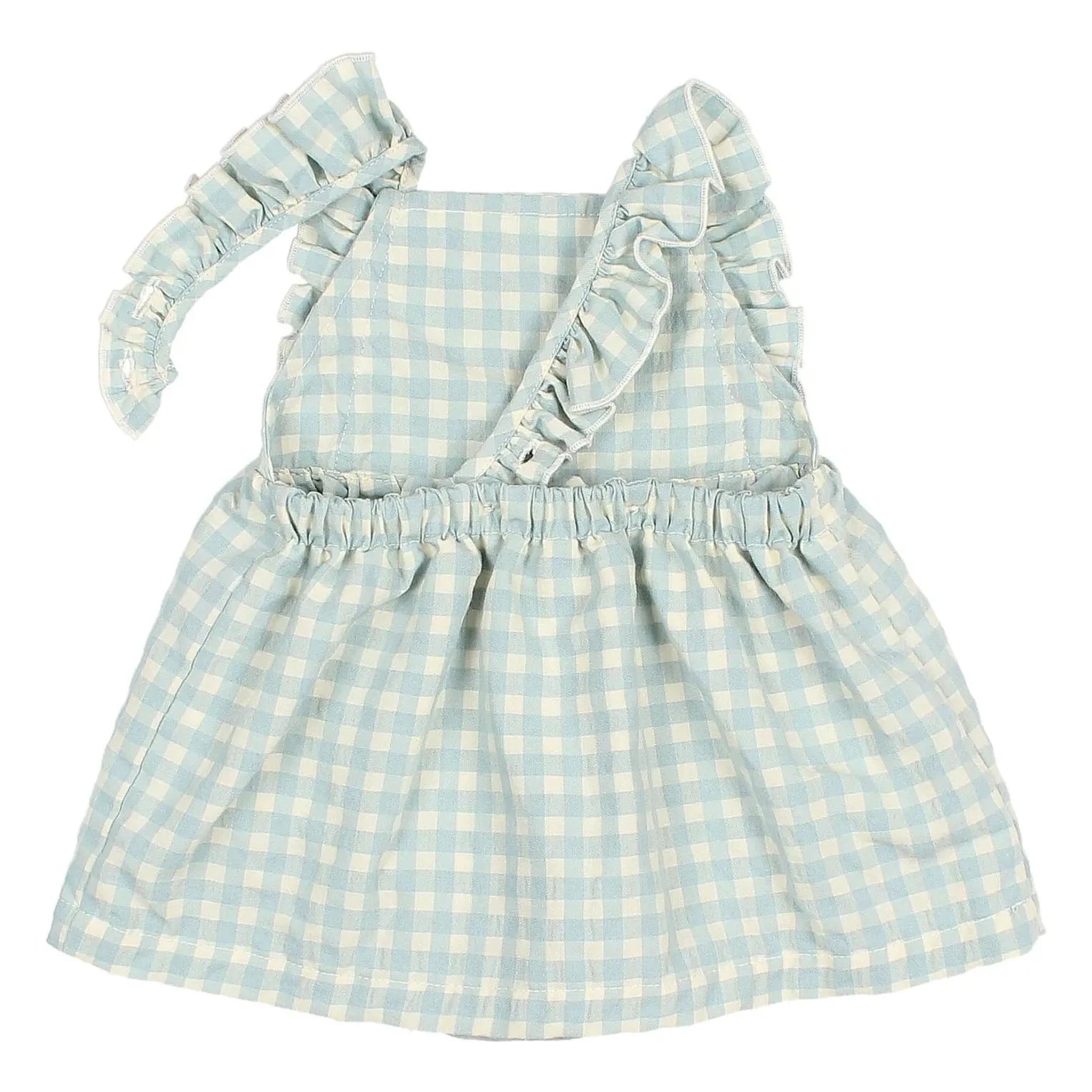 Búho - Gingham Ruffled Seersucker Organic Cotton Romper Dress | Aqua