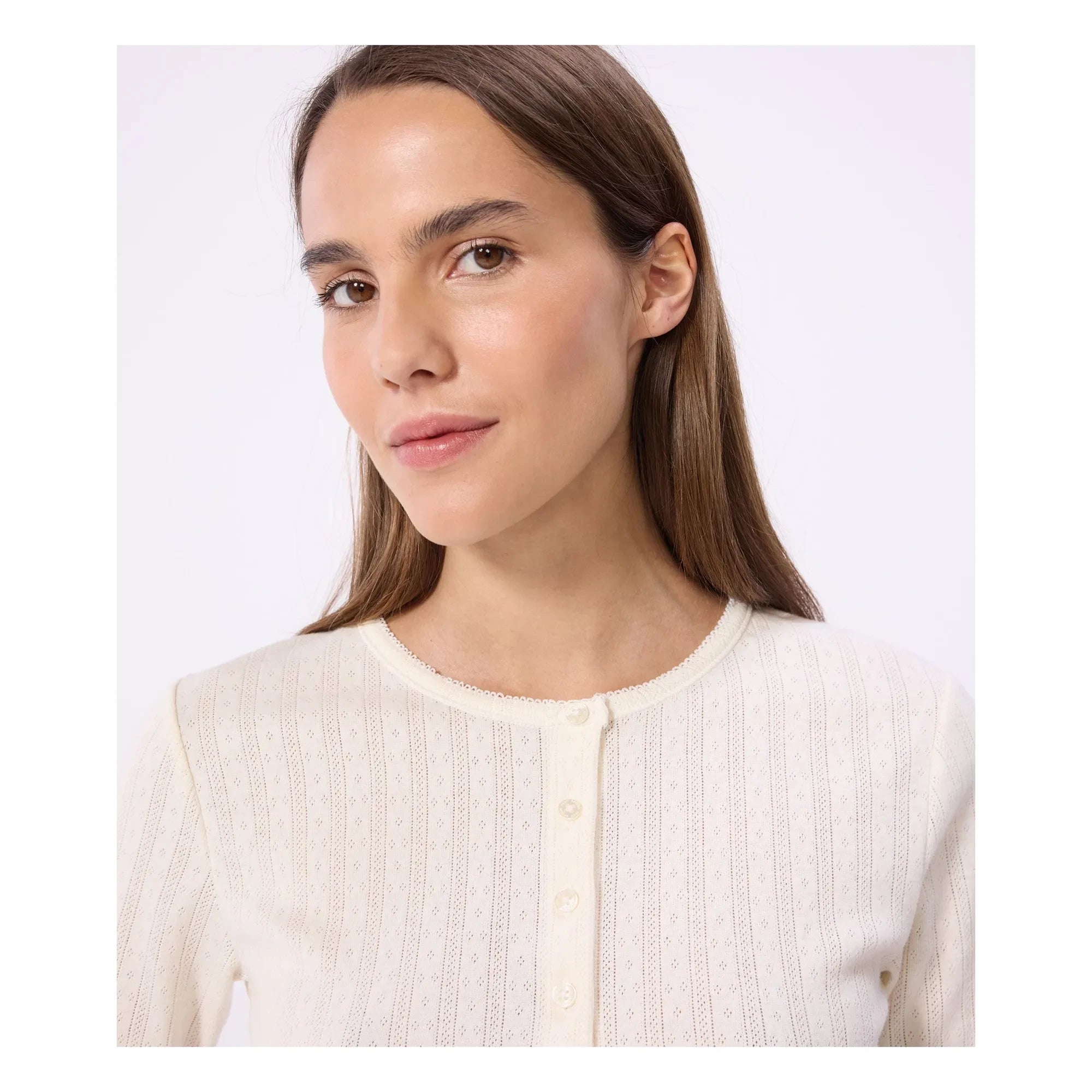 Petit Bateau – Pointelle T-Shirt mit Tuniskragen | Ecru