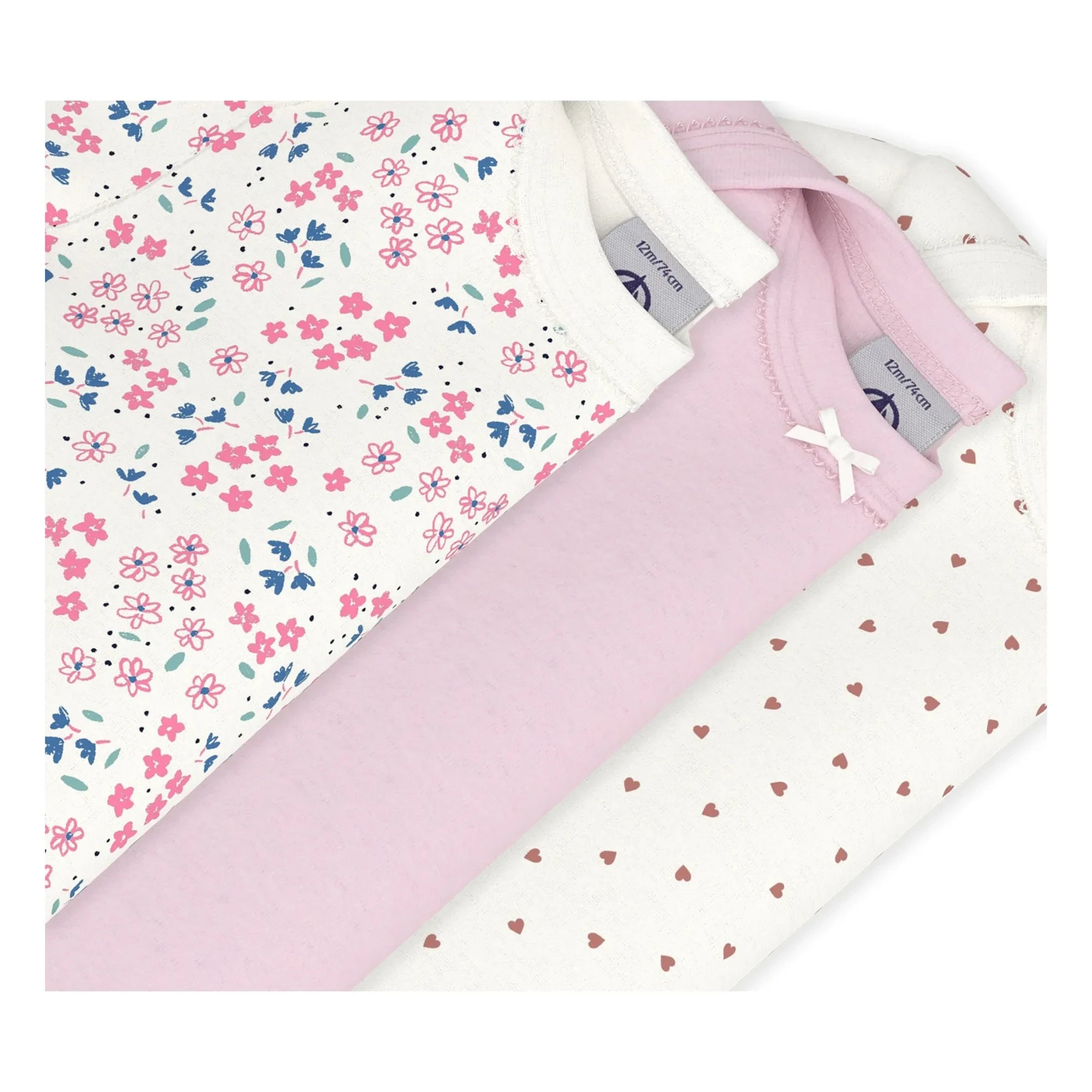 Petit Bateau - 3'lü Çiçek Desenli Kalp Tulum Seti Organik Pamuk | Beyaz