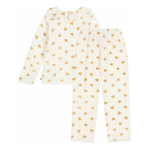 Petit Bateau - Fırfırlı Pijama Simli Kalpler Organik Pamuk | Ekru