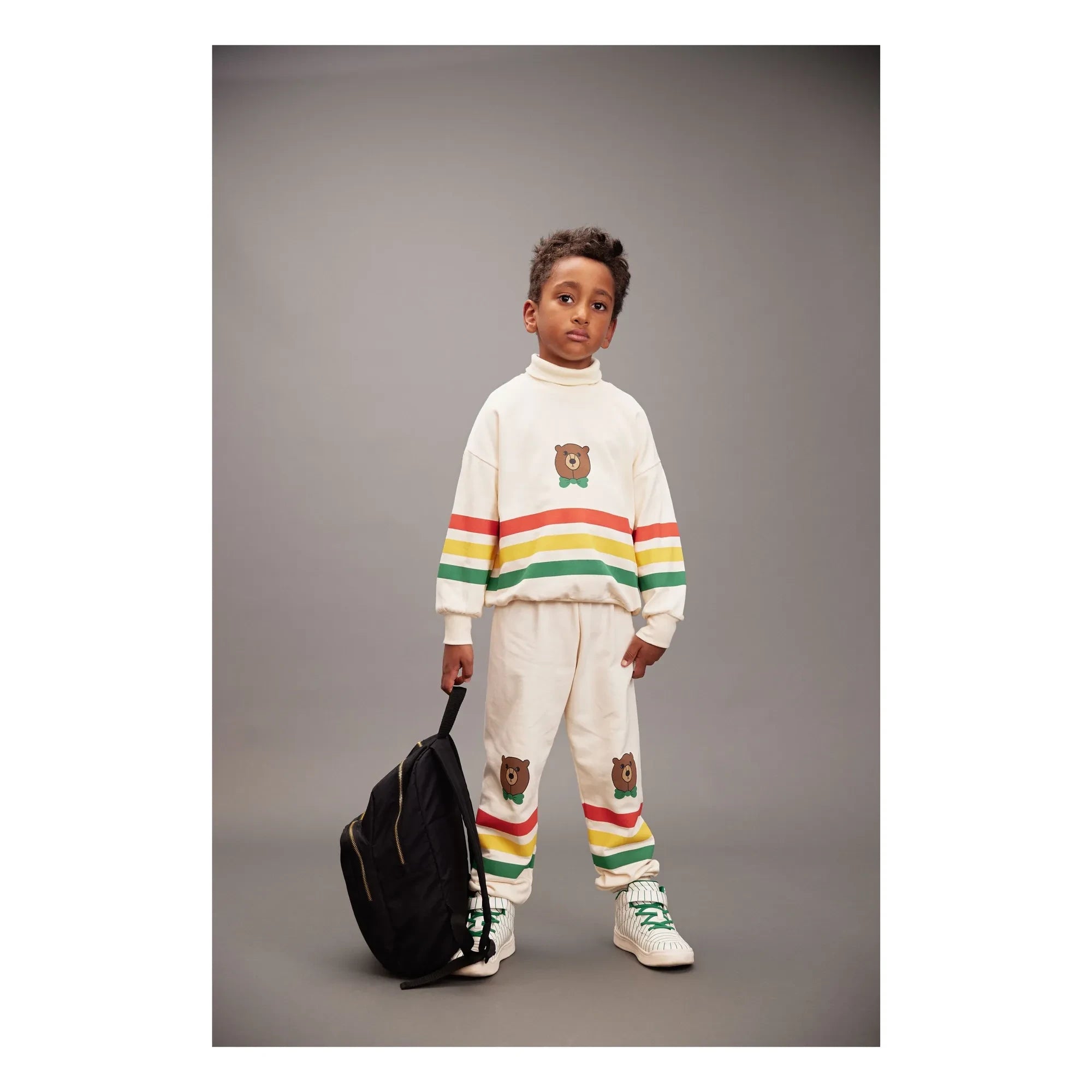 Mini Rodini - Çizgili Ayı Sweatshirt Organik Pamuk | Ecru