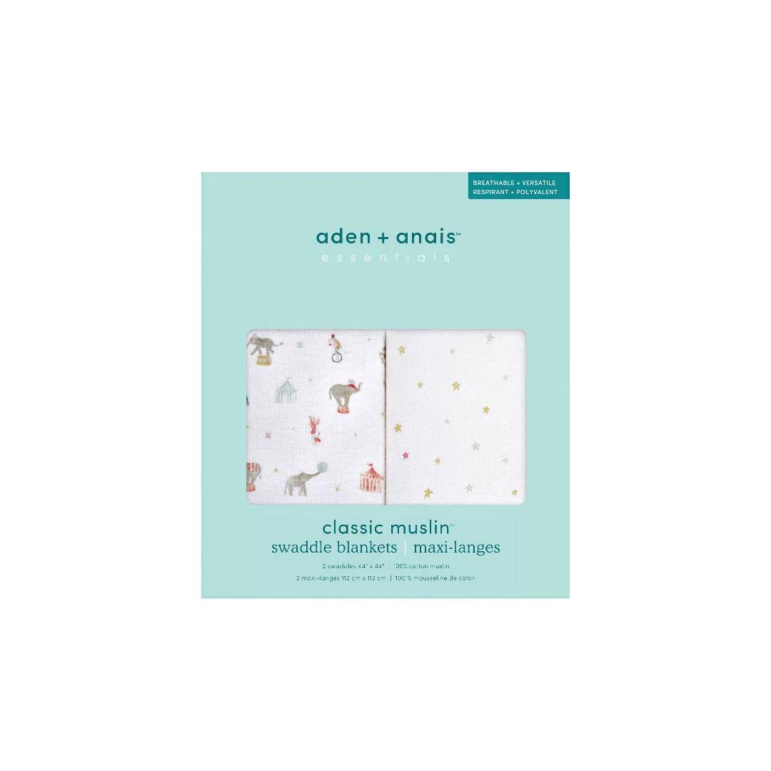 aden + anais Essentials Cotton Muslin Swaddle Blankets 2pk - Elephant Circus-Blankets-Elephant Circus-One Size | Natural Baby Shower