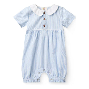 Copenhagen Colors - Organic Cotton Striped Peter Pan Collar Romper | Light Blue