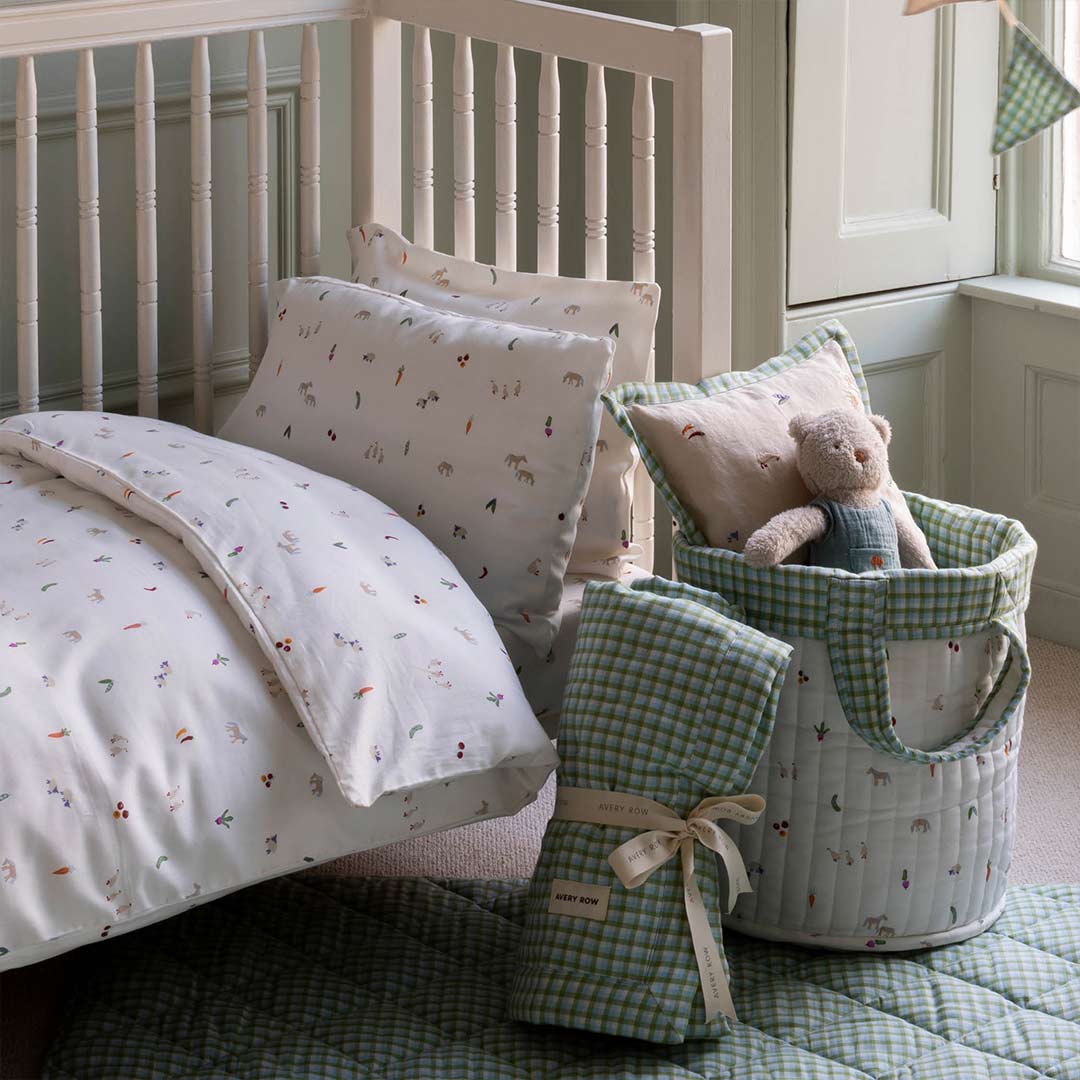 Avery Row Large Quilted Storage Basket - Little Farm/Greenhouse Gingham-Storage Baskets-Little Farm/Greenhouse Gingham- | Natural Baby Shower
