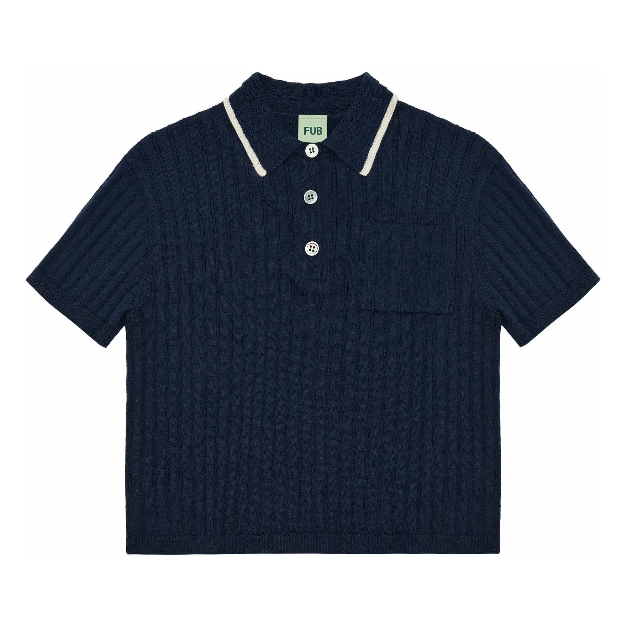 FUB - Organic Cotton Fine Knit Ribbed Polo T-Shirt | Navy Blue