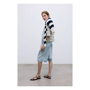 the new society - Musa Cotton Striped Sweater | Midnight blue