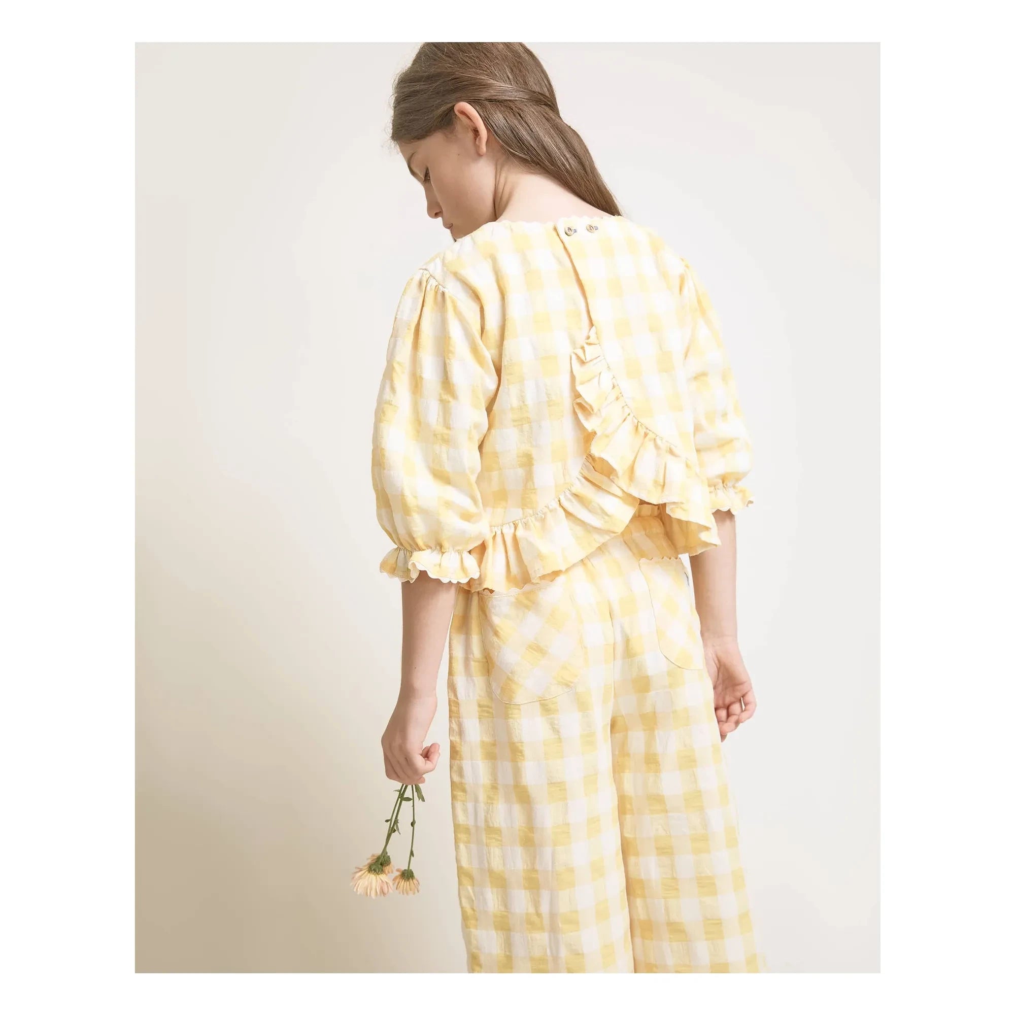 Búho - 3/4 Sleeve Checkered Seersucker Blouse | Yellow