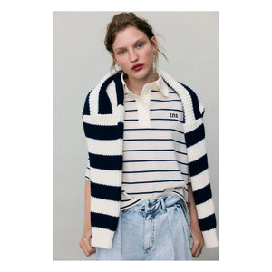 the new society - Musa Cotton Striped Sweater | Midnight blue