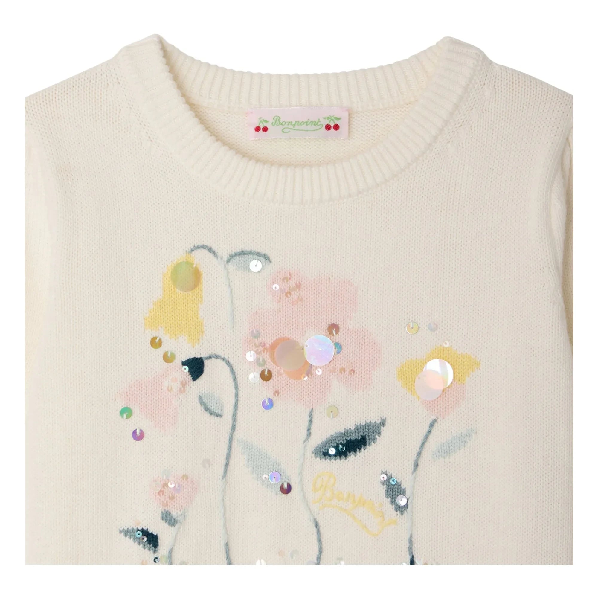 Bonpoint - Elvira Dünnes Strick-T-Shirt Bio-Baumwolle Blumen | Ecru