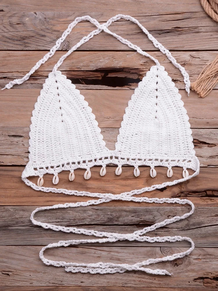 Jesminda - Örme Beyaz Seksi Shell Bikini Üstü