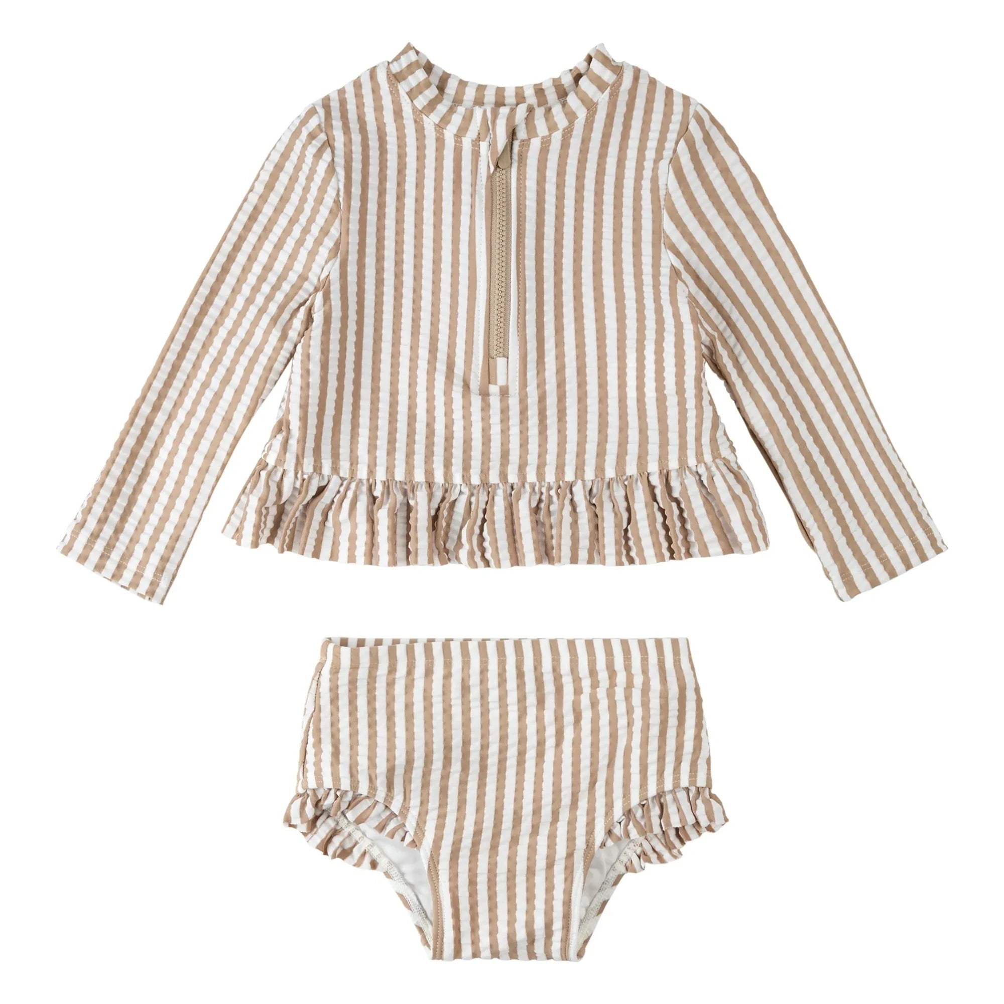 Petit Lem - Striped Seersucker UV Protection T-Shirt & Panties Set Recycled Fibers | Beige