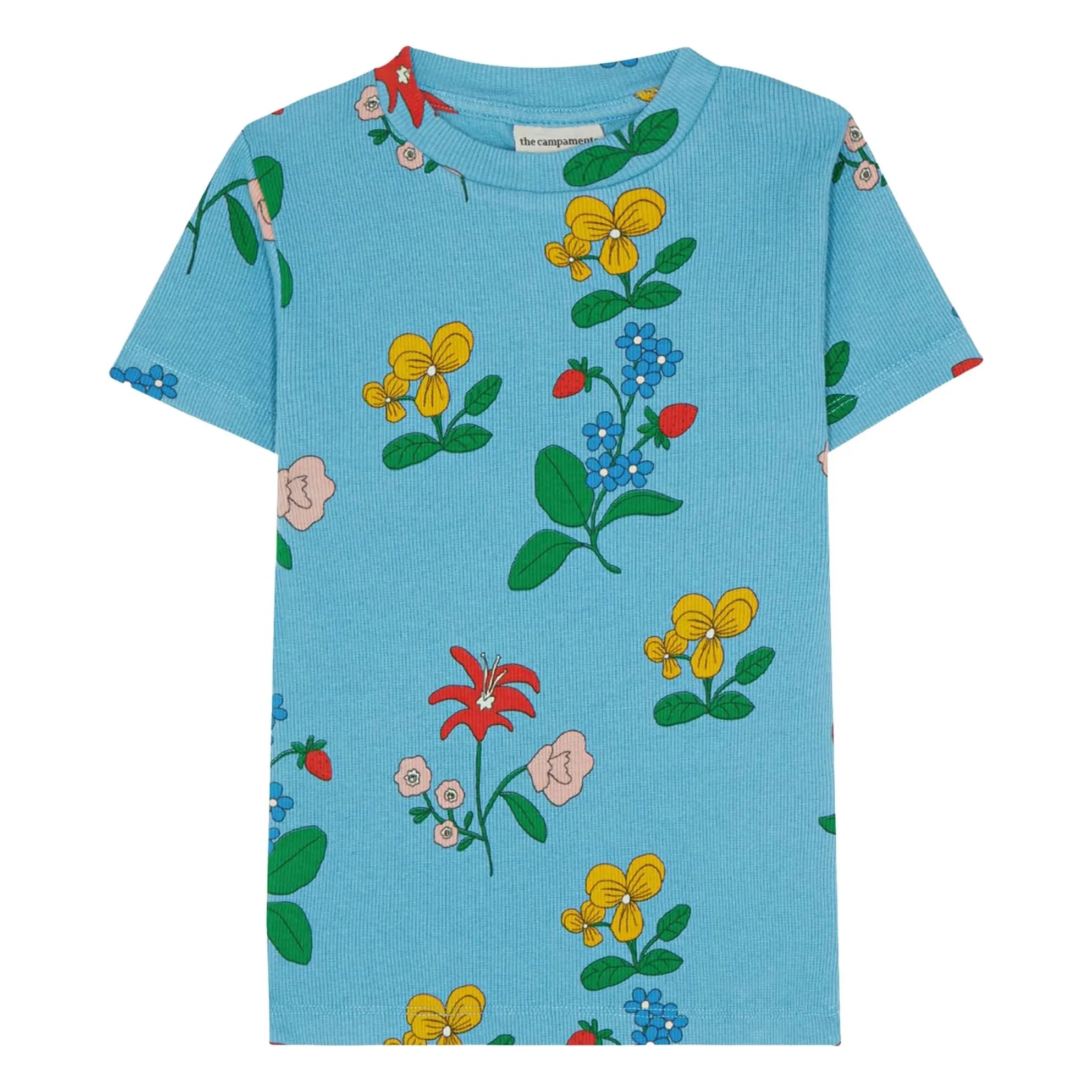 The Campamento - Ribbed T-Shirt Flowers | Azure blue