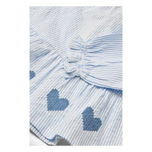 Copenhagen Colors - Gestreifte bestickte Bluse Seersucker Bio-Baumwolle | Hellblau